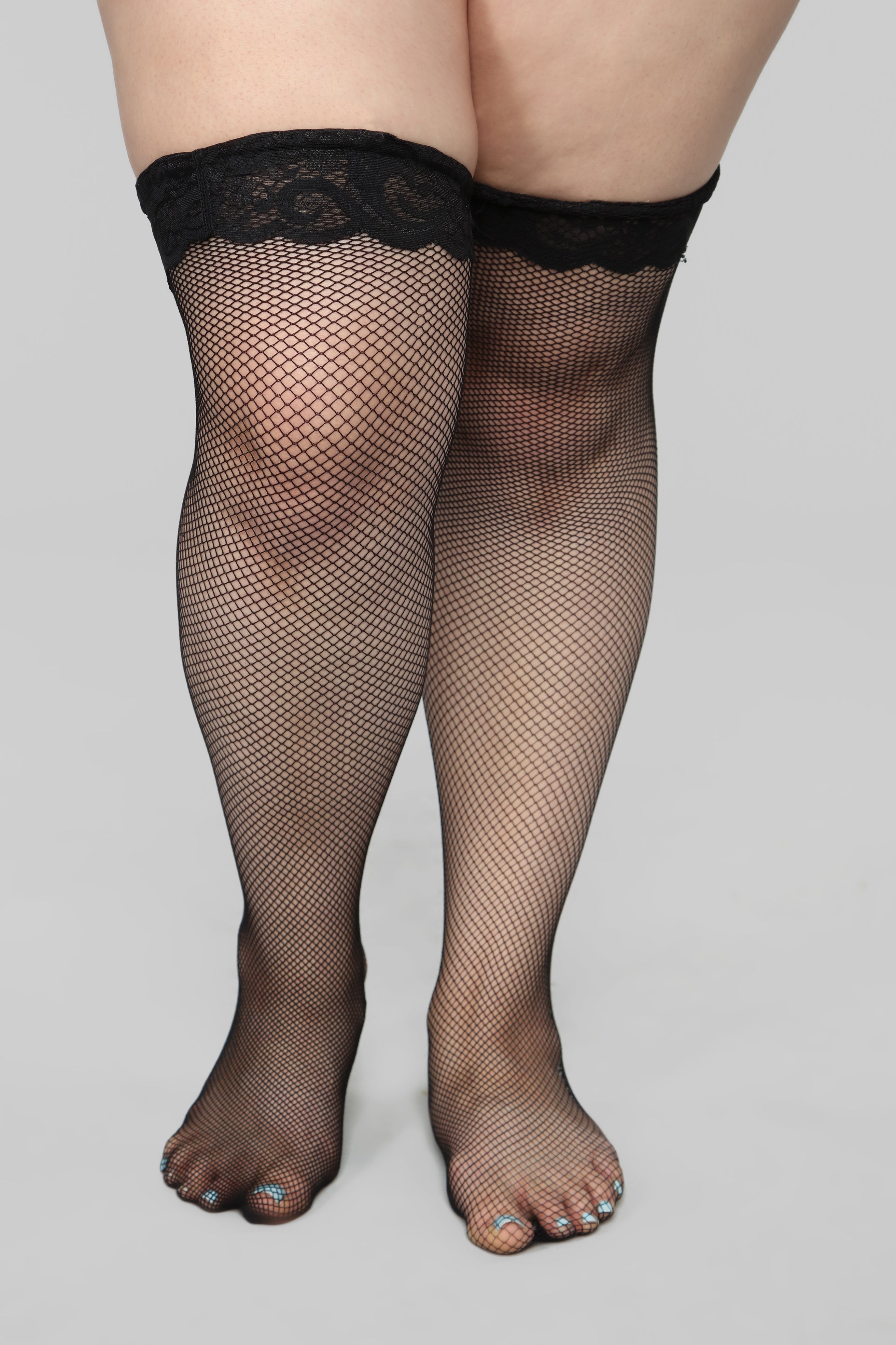 Caught In My Trap Fishnet Thigh Highs - Black